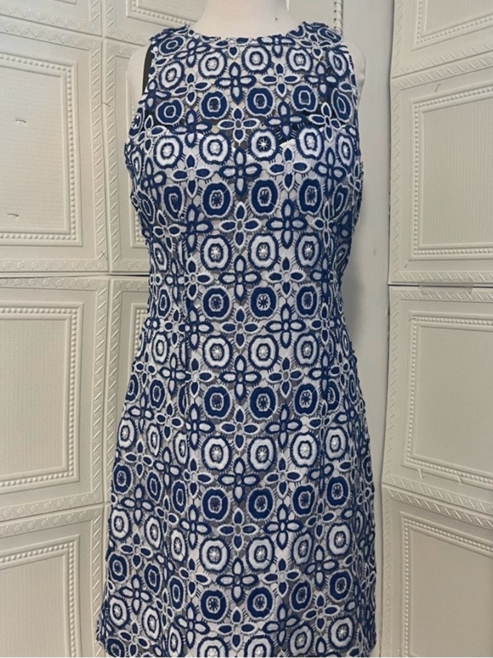 Blue & White Lace Overlay Shift Dress | Sleeveless | Read Description